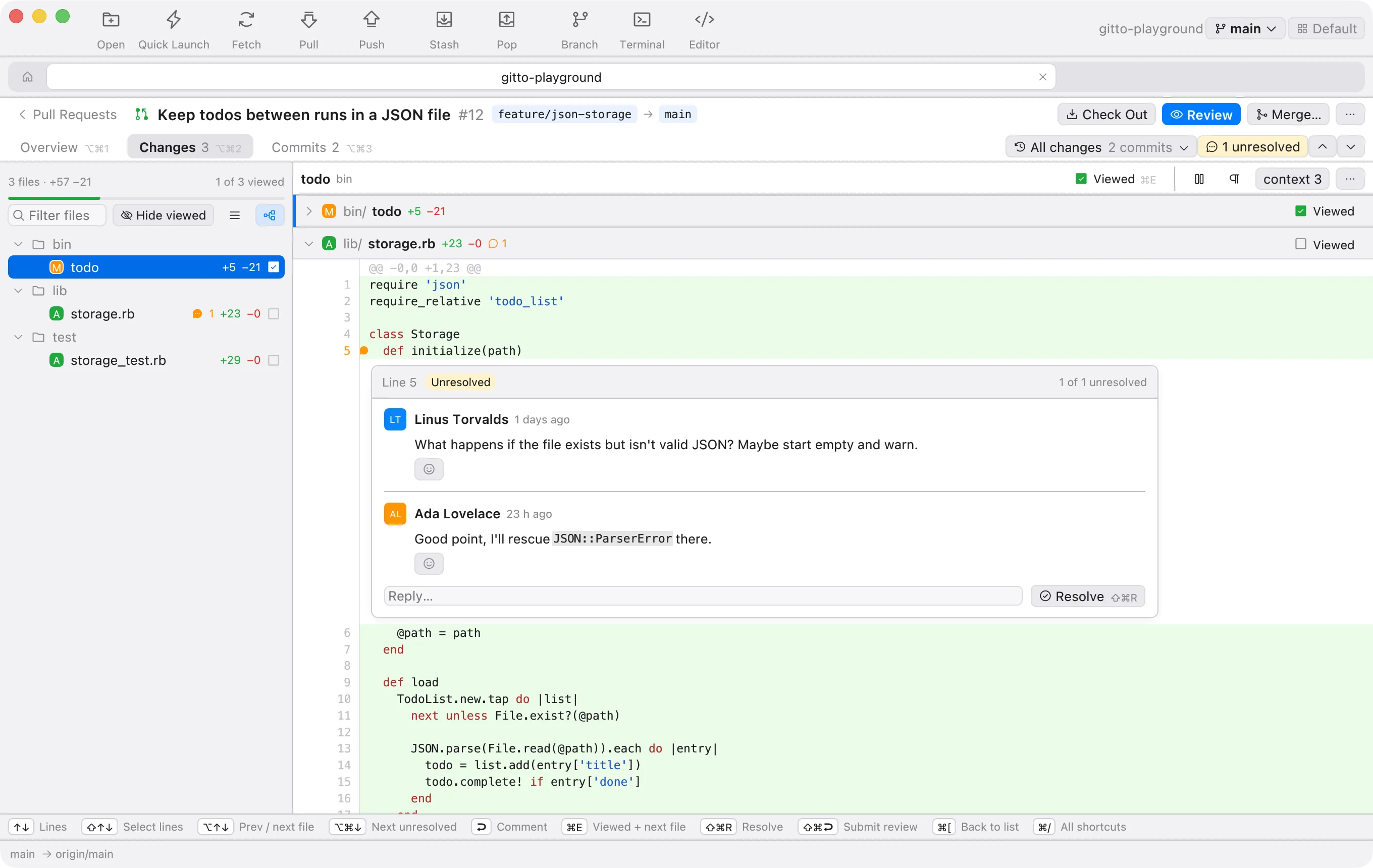 A pull request in gitto with an unresolved review thread under a line of code
